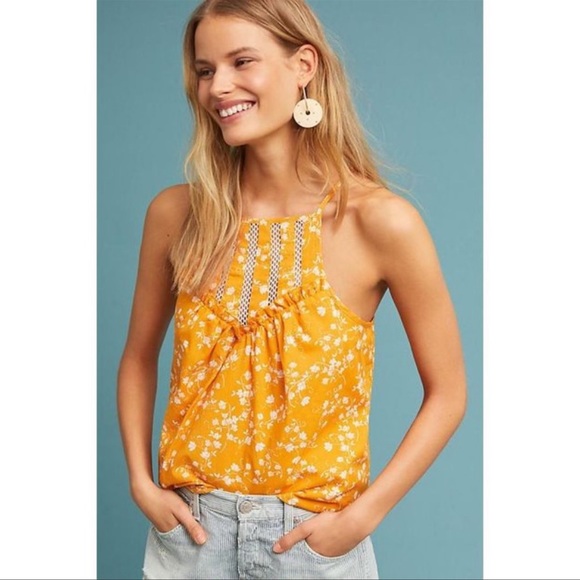 Anthropologie Tops - Anthropologie MaEve yellow floral sweetheart netting neckline racerback cream S